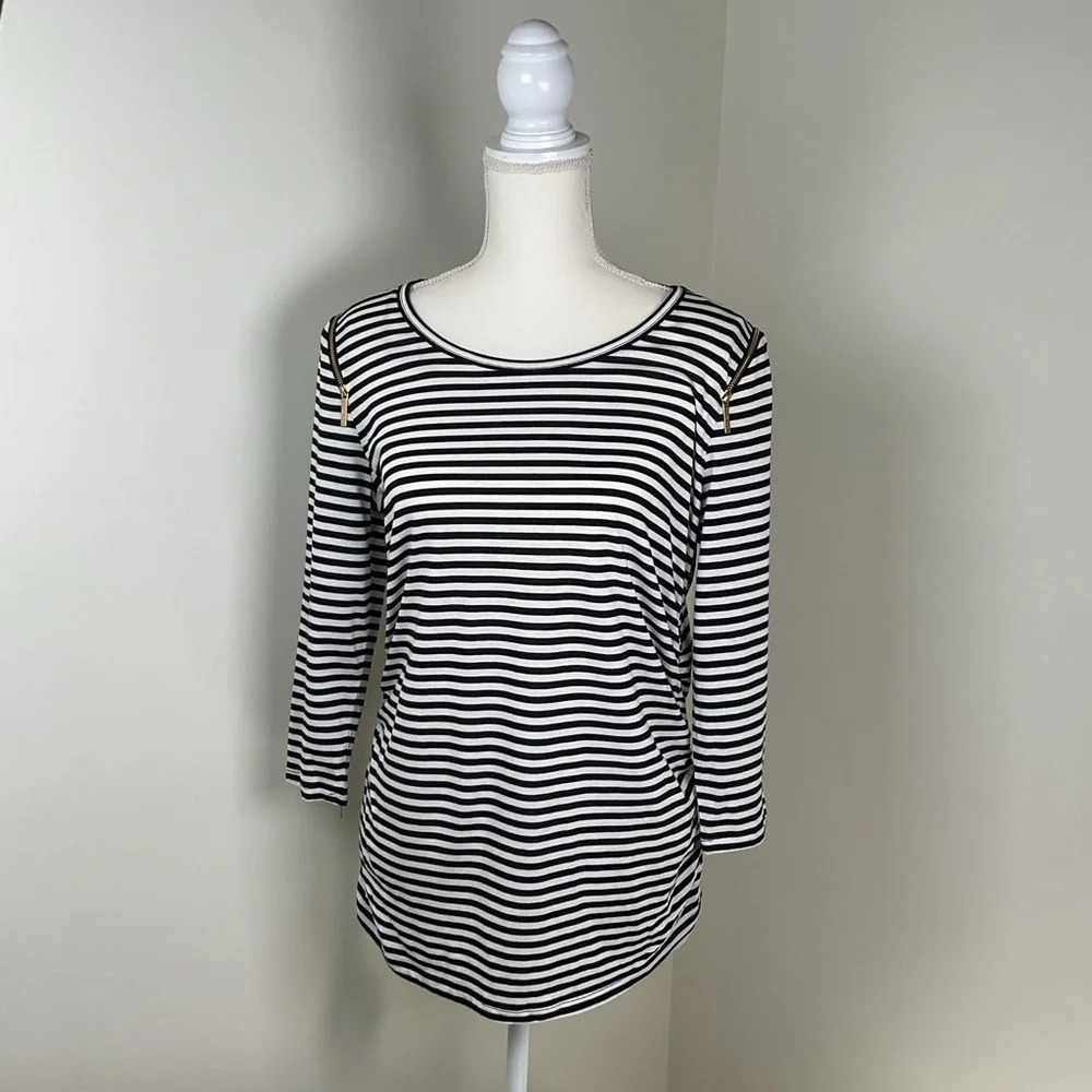 Michael Kors Womens Multi Striped Ruched Knit Zipped Shoulder 3/4 Sleeve Top LRG